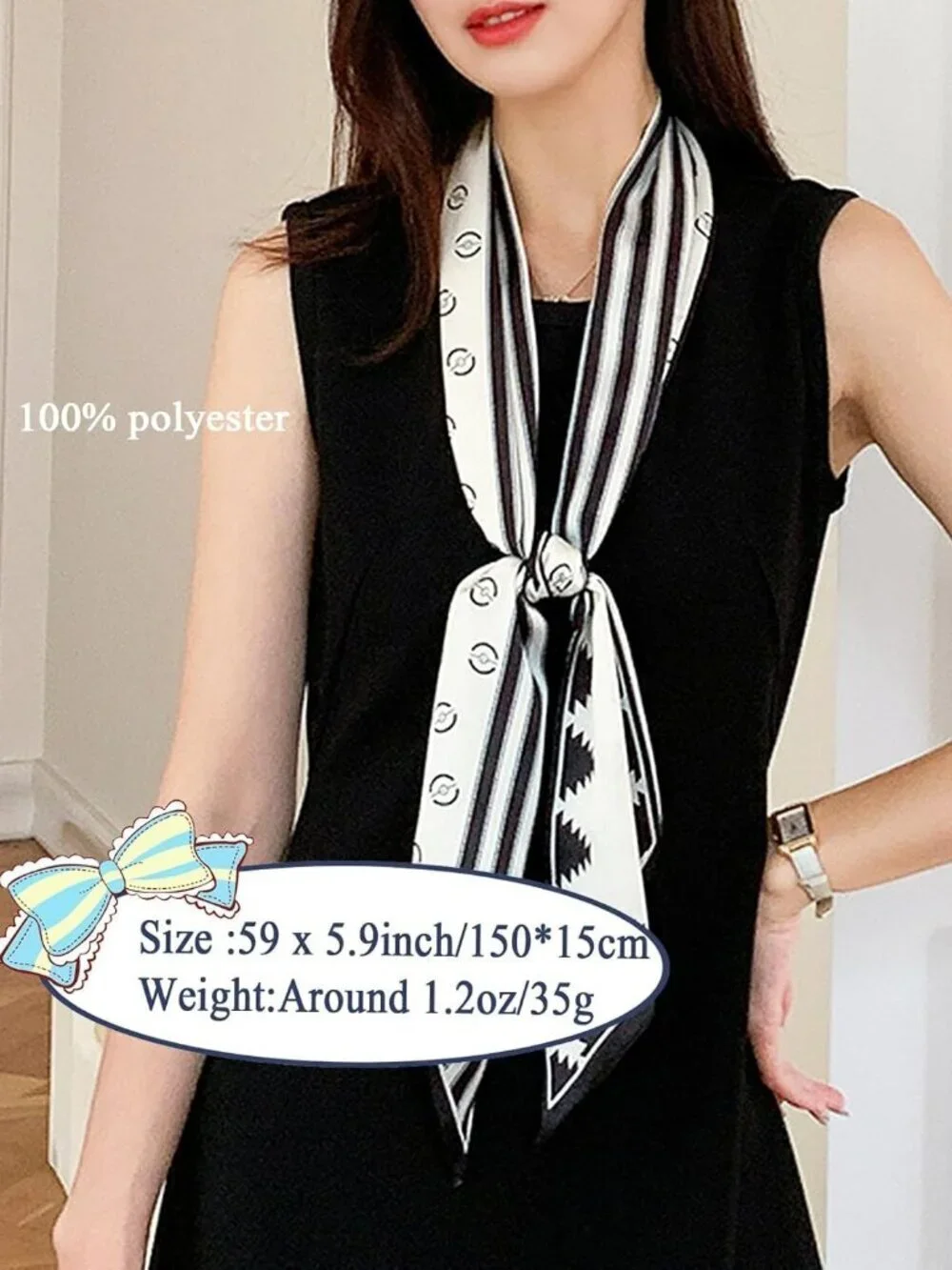 Women's Black and White Geometry Head Scarves Long Skinny Silky Hair Bags Scarf